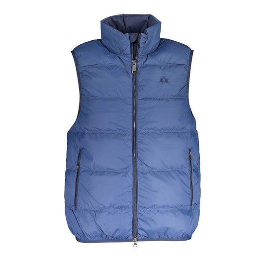 La Martina Blue Polyamide Men Jacket - Sleeveless, stylish, and sophisticated with iconic embroidery for the modern man's wardrobe.