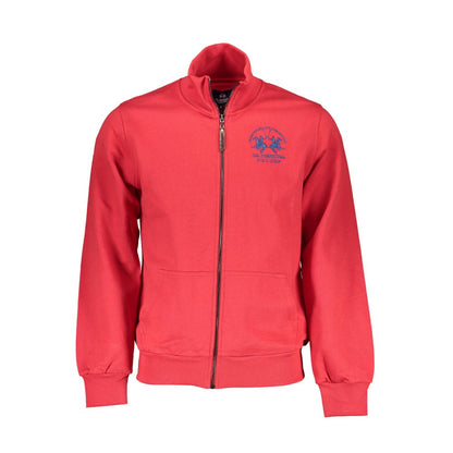La Martina Red Cotton Men Sweater with zip-up design and iconic embroidery, perfect for stylish casual or sporty-chic looks.