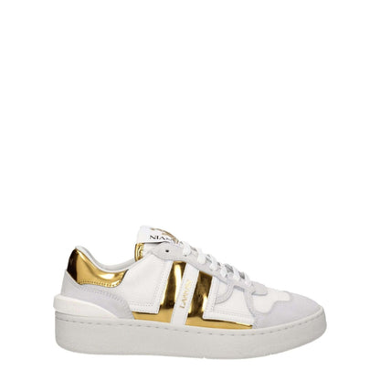 Lanvin White Fabric Low Top Sneakers with gold accents, lace up closure, rubber sole, round toe, and front logo. MPN: SUOLAFWSKDK00GLOS00M1