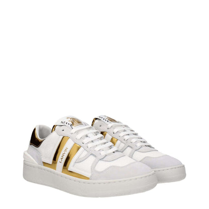 Lanvin White Fabric Low Top Sneakers with gold accents, leather material, lace-up closure, rubber sole, and round toe design.
