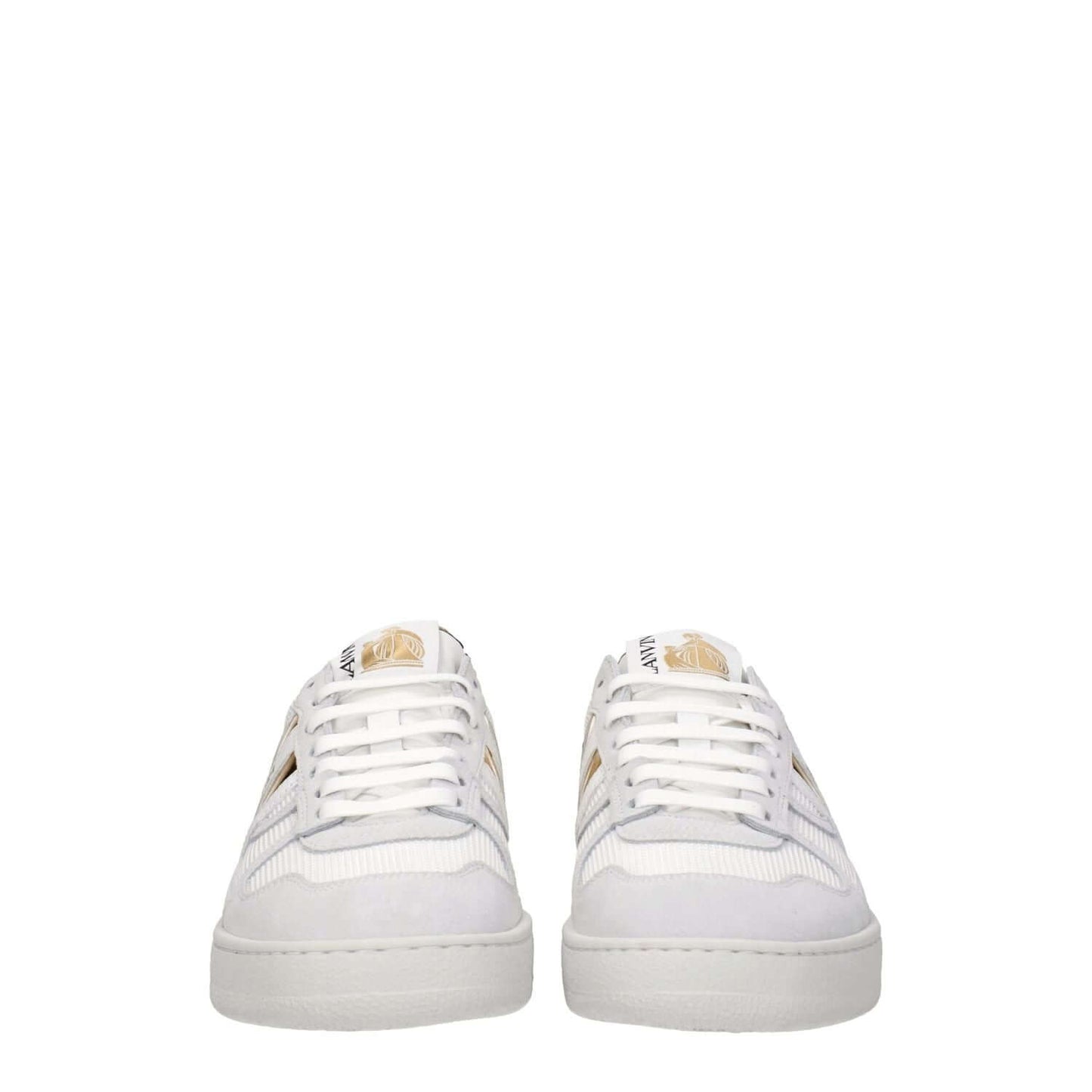 Lanvin White Fabric Low Top Sneakers with lace-up closure, featuring front and back logos, leather materials, and rubber sole.