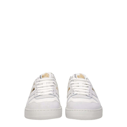 Lanvin White Fabric Low Top Sneakers with lace-up closure, featuring front and back logos, leather materials, and rubber sole.
