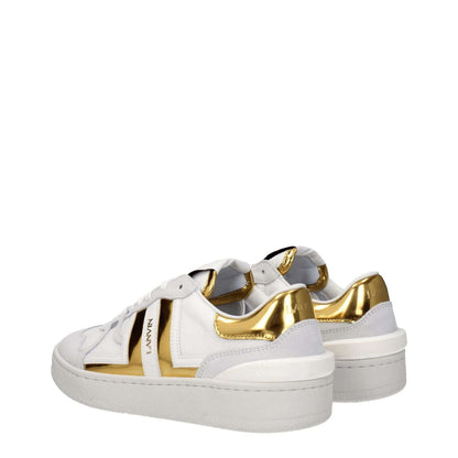 Lanvin White Fabric Low Top Sneakers with gold accents, lace-up closure, and rubber sole, featuring front and back logos, casual style.