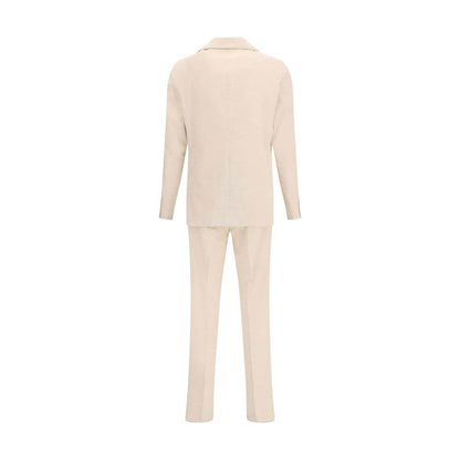 Back view of Lardini Beige Cotton Two-Piece Suit with notch lapel blazer and straight-leg trousers in corduroy.