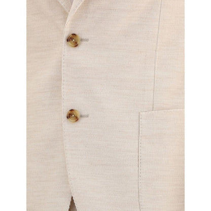 Close-up of Lardini Beige Cotton Two-Piece Suit showing blazer buttons and pocket detail.