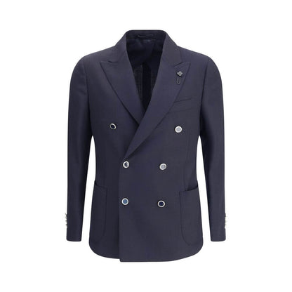 Lardini Blue Fleece Wool Blazer with herringbone pattern, double-breasted design and iconic pin, featuring spear lapels and patch pockets.
