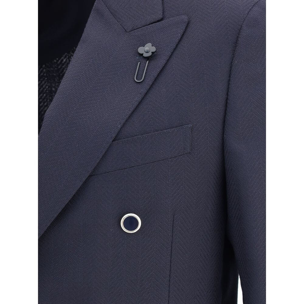 Lardini Blue Fleece Wool Blazer with double-breasted design, spear lapels, patch pockets, and elegant herringbone pattern.