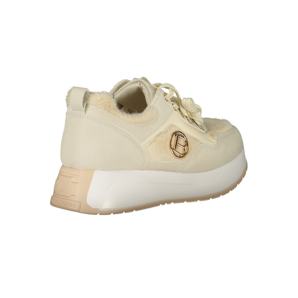 Laura Biagiotti Beige Polyethylene Sneaker with suede and logo embroidery, featuring a removable footbed and contrasting details.