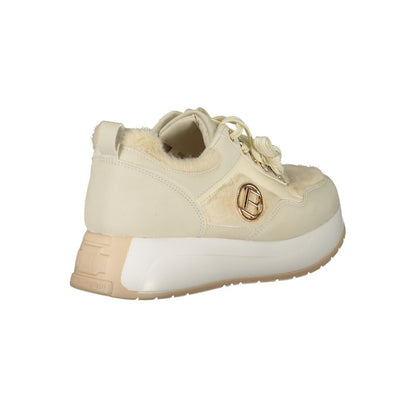 Laura Biagiotti Beige Polyethylene Sneaker with suede and logo embroidery, featuring a removable footbed and contrasting details.