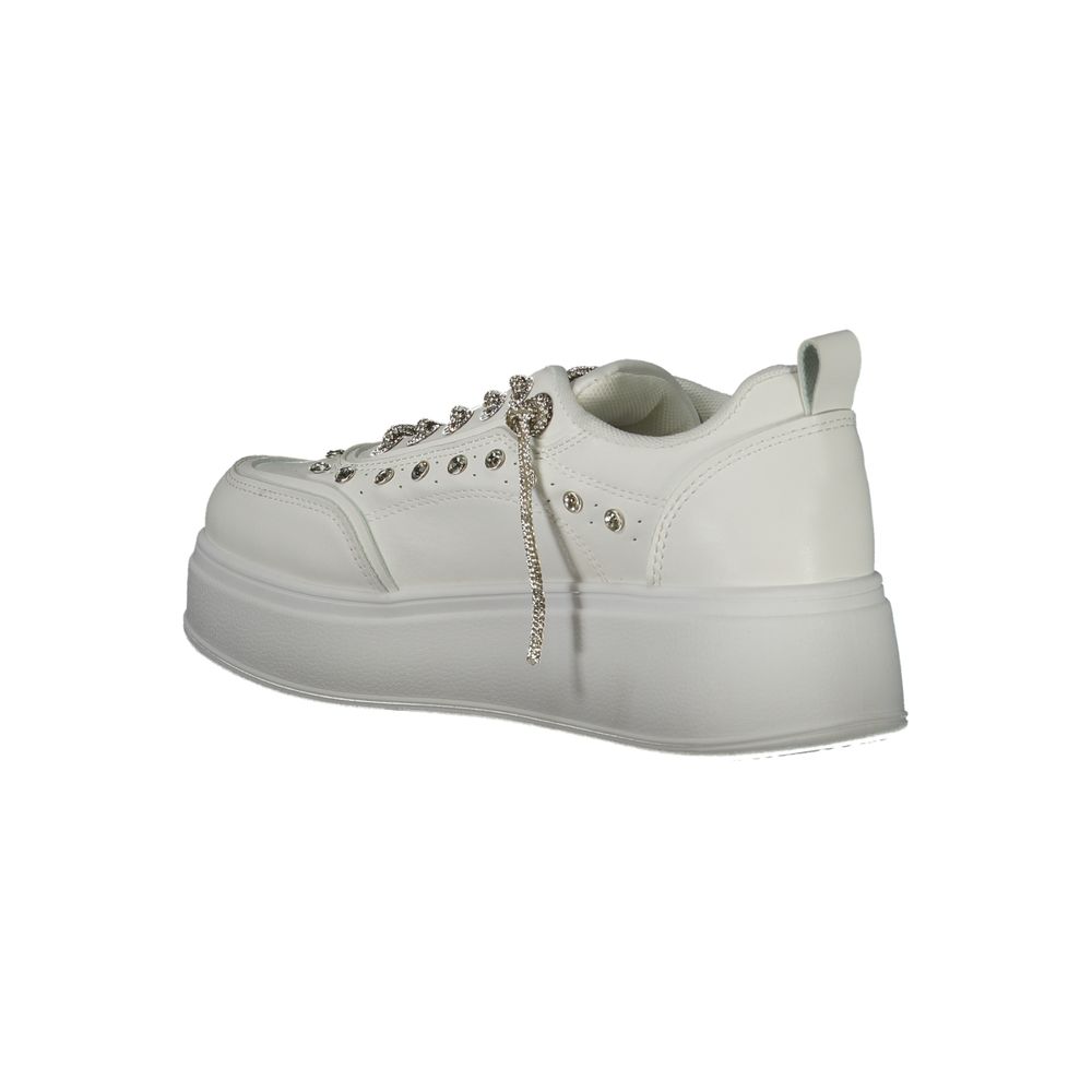 Laura Biagiotti White Polyethylene Women Sneaker with rhinestone details and 4 cm sole, side view.
