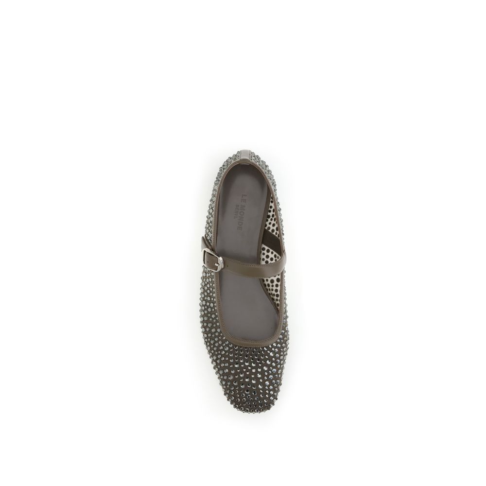 Le Monde Béryl Gray Other Fibres Ballet Flats with beading and adjustable strap, top view.