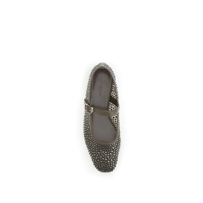 Le Monde Béryl Gray Other Fibres Ballet Flats with beading and adjustable strap, top view.