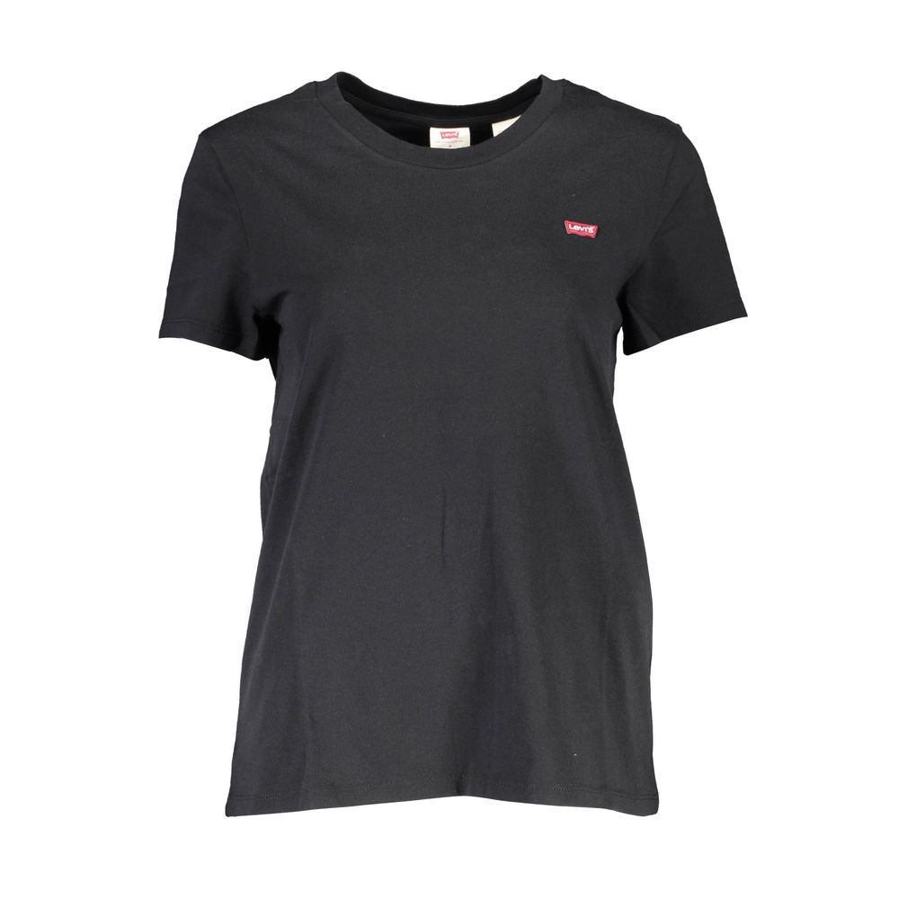 Levi's Black Cotton Women T-Shirt with round neck and short sleeves, featuring iconic Levi's logo, made from quality cotton.