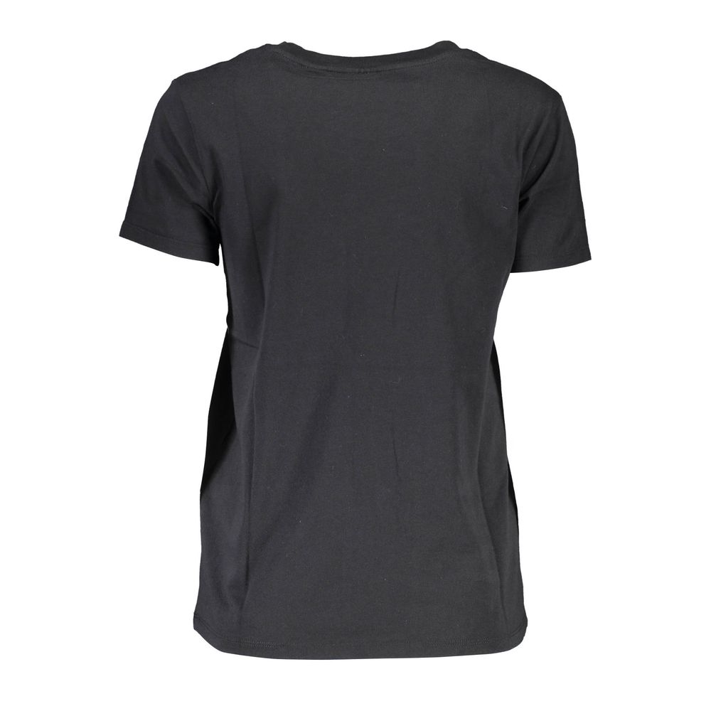 Back view of Levi's Black Cotton Women T-Shirt with round neck and short sleeves, showcasing iconic casual style in black cotton fabric.