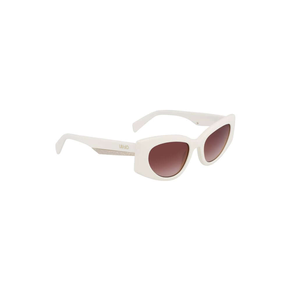 Liu Jo White Acetate Women Sunglasses with brown teardrop lenses providing UV protection and stylish contrast details.