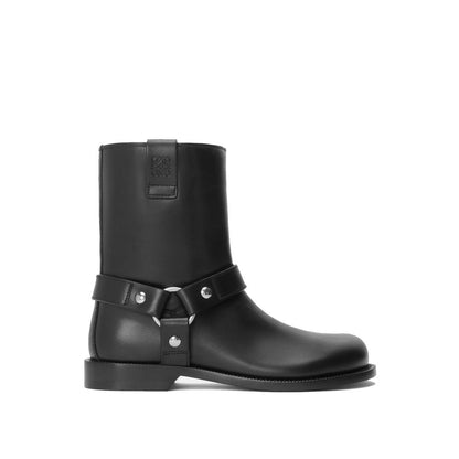 Loewe Black Calfskin Ankle Boots with round toe, hardware details, and leather outsole, featuring Goodyear construction. Made in Italy.