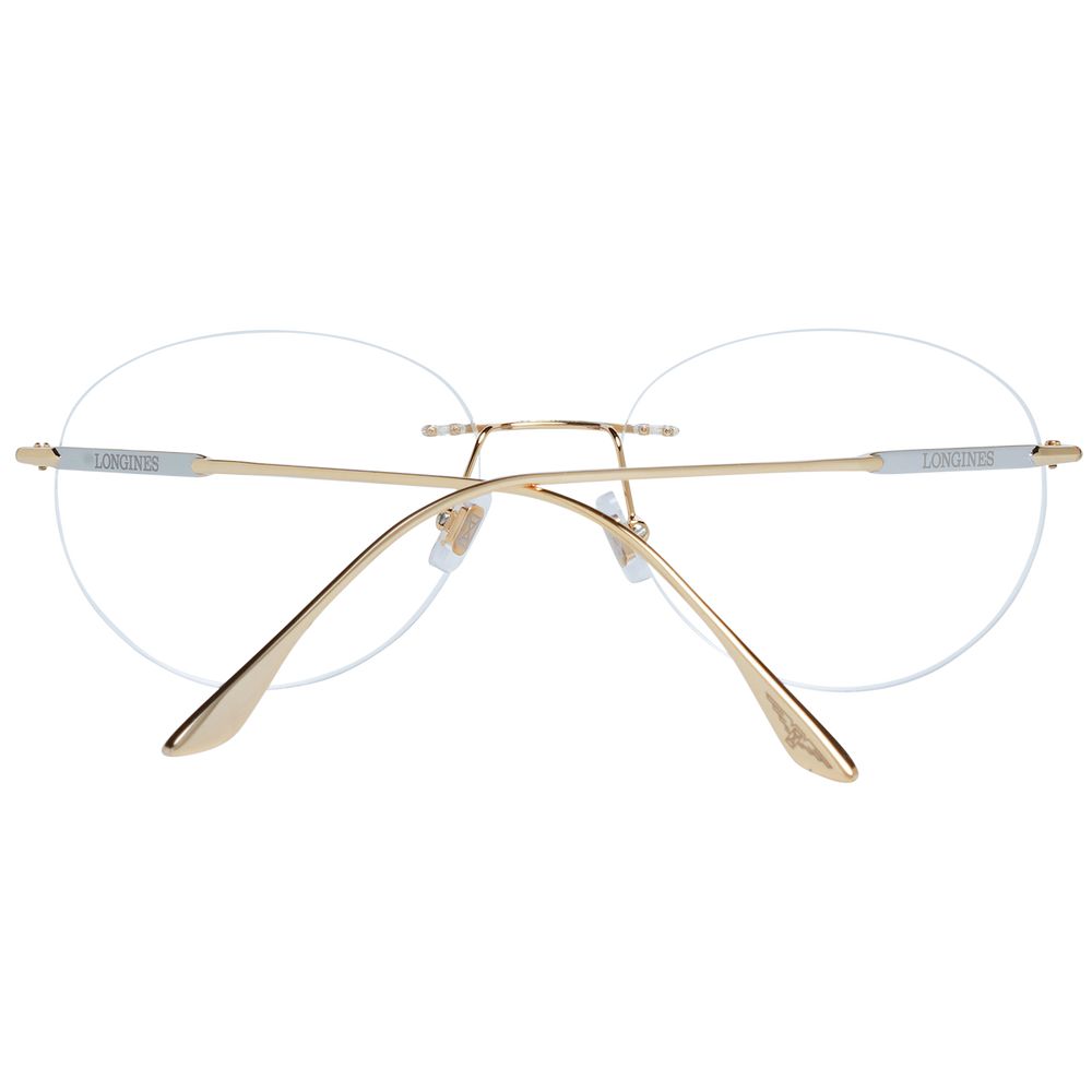 Longines Gold Men Glasses Frame featuring rimless round style with gold metal frame, demo lenses, and branded case. Size 53-17-145.