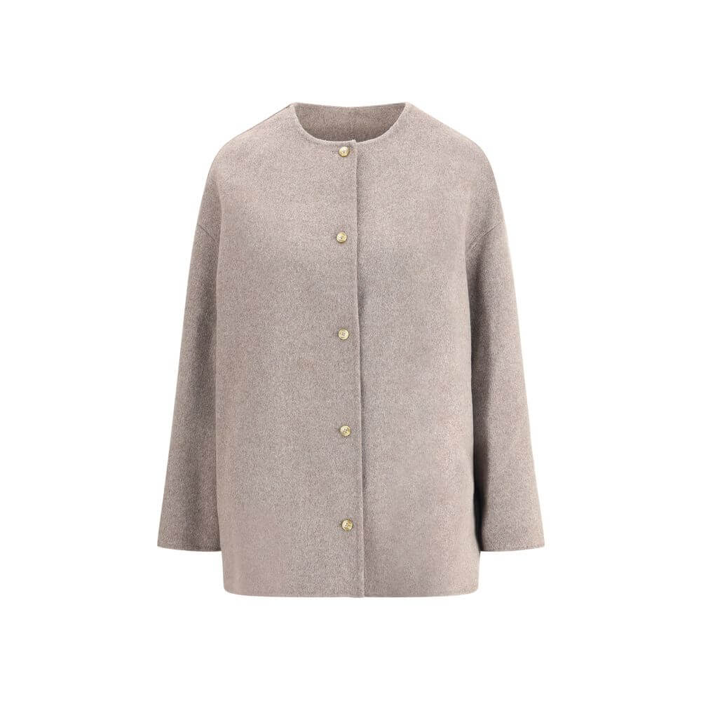 Loulou De Saison Gray Wool Coat with minimalist design, crew neck, button closure, and side welt pockets, AW25 collection, 90% wool.