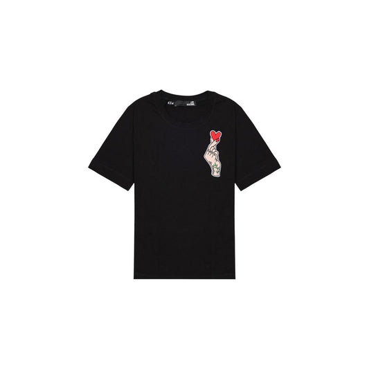 Love Moschino Black Cotton T-Shirt with heart print, women's style, short sleeves, 100% cotton, modern design featuring hand and red heart.