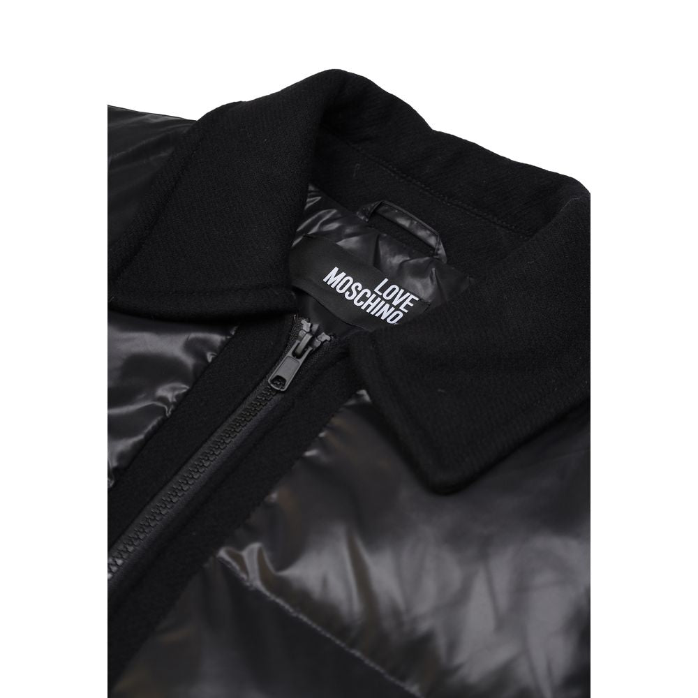 Close-up of Love Moschino Black Polyester Clothing puffer jacket collar and zipper detail.
