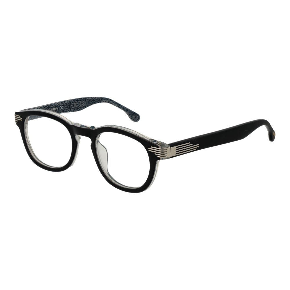 Lozza Black Unisex Glasses Frame, full-rim round metal design, size 48-21-140, with demo plastic lenses, branded case included.