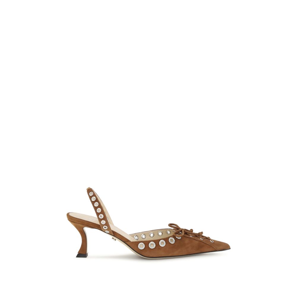 MACH & MACH Brown Calf Leather Bos Taurus Lace-Up slingback pumps with almond toe and perforated studs, AW25 collection.
