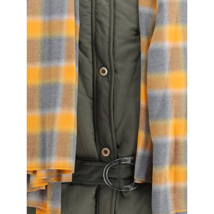MARBELL Green Polyamide Shell Jacket with snap-buttons and belt, close-up of quilted fabric and plaid removable scarf, AW25 fashion