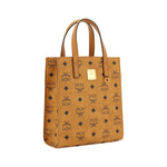 MCM Aren Mini Tote Handbag with all-over brand logo, leather trim, metal plaque, featuring two handles and adjustable shoulder strap.
