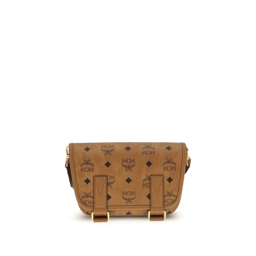MCM Brown Fabric Shoulder Bag with logo print and elegant structure.