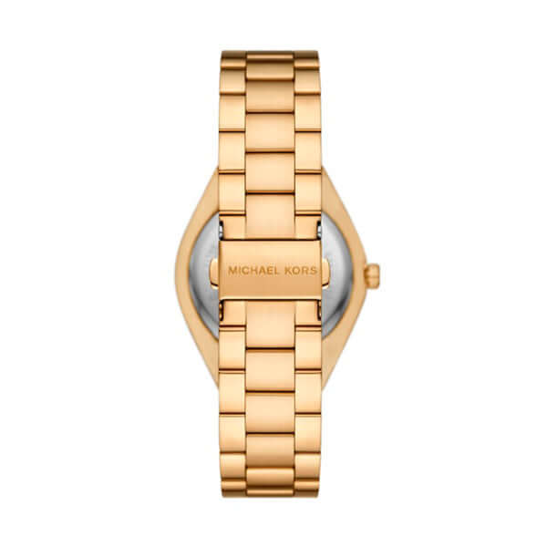 Gold wristwatch MICHAEL KORS Mod. LENNOX showing back view, stainless steel strap, quartz movement, ladies' watch, official packaging.
