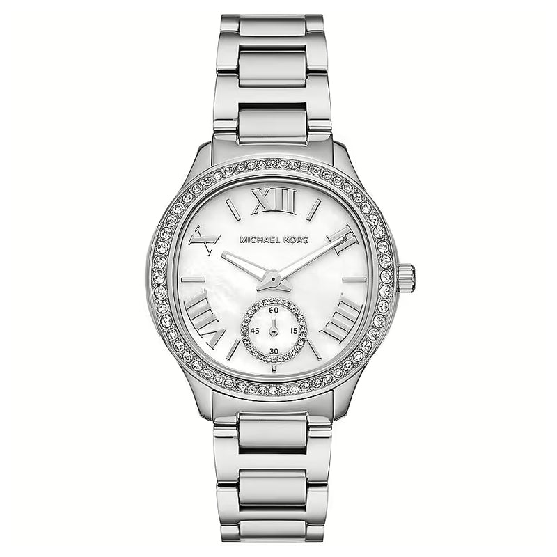 Alt Tag: MICHAEL KORS Mod. SAGE stainless steel ladies wristwatch with quartz movement and mineral dial, water resistant and official box packaging.