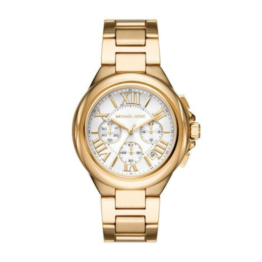 MICHAEL KORS Mod. CAMILLE ladies wristwatch with gold SS IP case and strap, 43mm, quartz movement, chronograph, in official packaging.