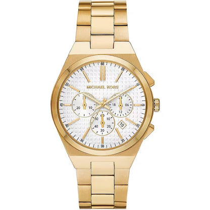 MICHAEL KORS Mod. LENNOX SS IP Gold chronograph wristwatch, 5 ATM water resistant, featuring a quartz movement in official packaging.