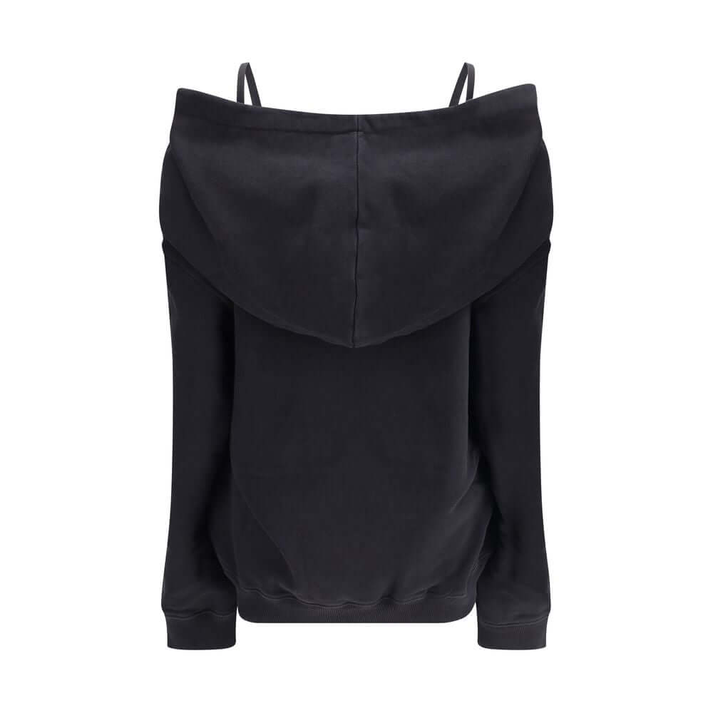 Back view of MM6 Black Cotton Sweatshirt with hood, showcasing minimalist design and distinctive white stitching by Maison Margiela.