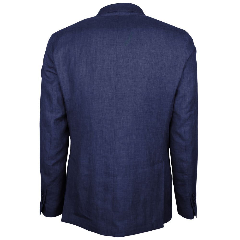 Back view of Made in Italy Blue Linen Blazer with peaked lapels and double-breasted design. Loro Piana Fabric.