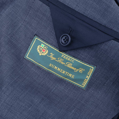 Made in Italy Blue Linen Blazer with Loro Piana fabric label, showing navy blue color and double-breasted design.