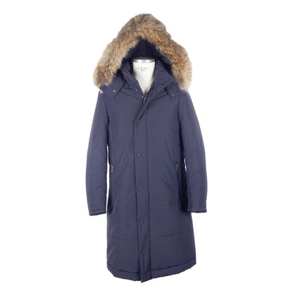 Made in Italy Blue Wool Men's Raincoat with fur-lined hood, showcasing Italian craftsmanship and premium Loro Piana fabric.