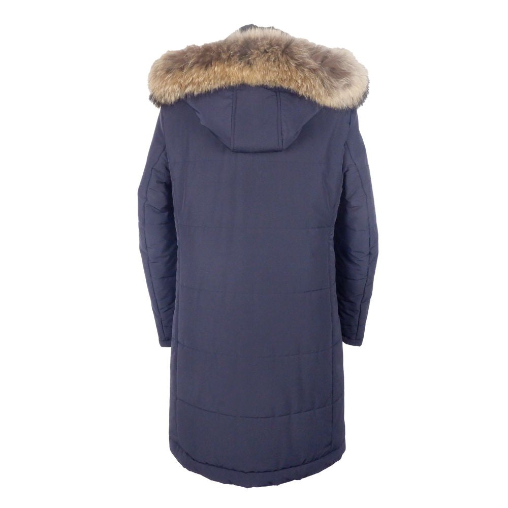 Back view of Made in Italy Blue Wool Men's Raincoat with fur-lined hood, showcasing Italian craftsmanship and high fashion elegance.