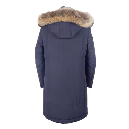 Back view of Made in Italy Blue Wool Men's Raincoat with fur-lined hood, showcasing Italian craftsmanship and high fashion elegance.