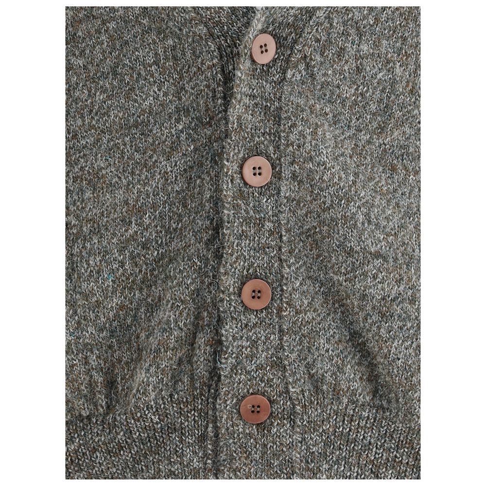 Close-up of Magliano Gray Wool Cardigan with button closure detail.
