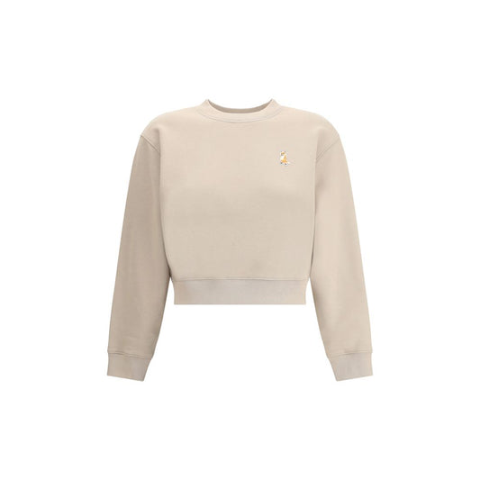 Maison Kitsuné Beige Cotton Sweatshirt with Lady Fox patch, ribbed crew neck, hem, and cuffs, 100% cotton, AW25 urban style.