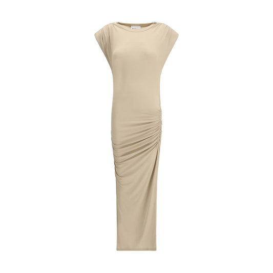 Marant Etoile Beige Modal Casual Dress with draped design, cap sleeves, and midi length for a feminine, modern look.