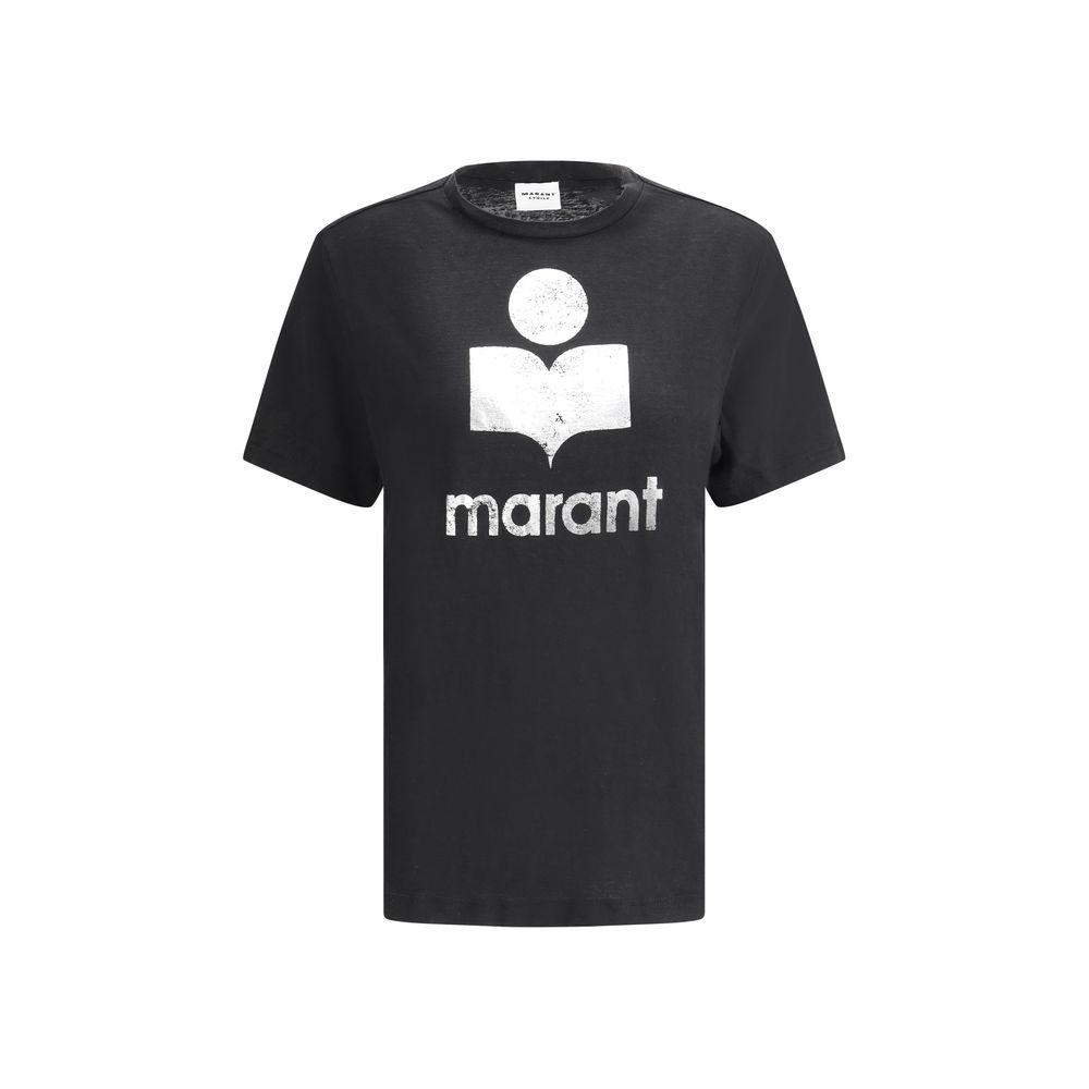 Marant Etoile Black Linen T-Shirt with iconic monogram on front, featuring ribbed crew neck, ideal for warm days.