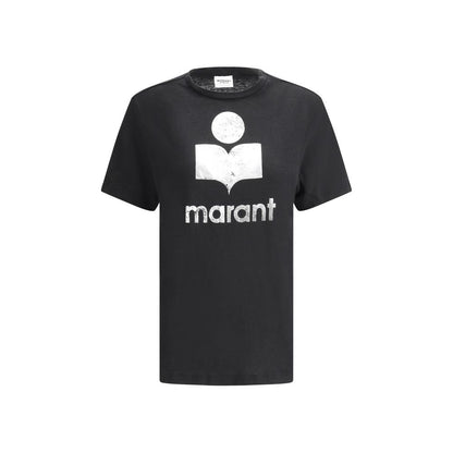 Marant Etoile Black Linen T-Shirt with iconic monogram on front, featuring ribbed crew neck, ideal for warm days.