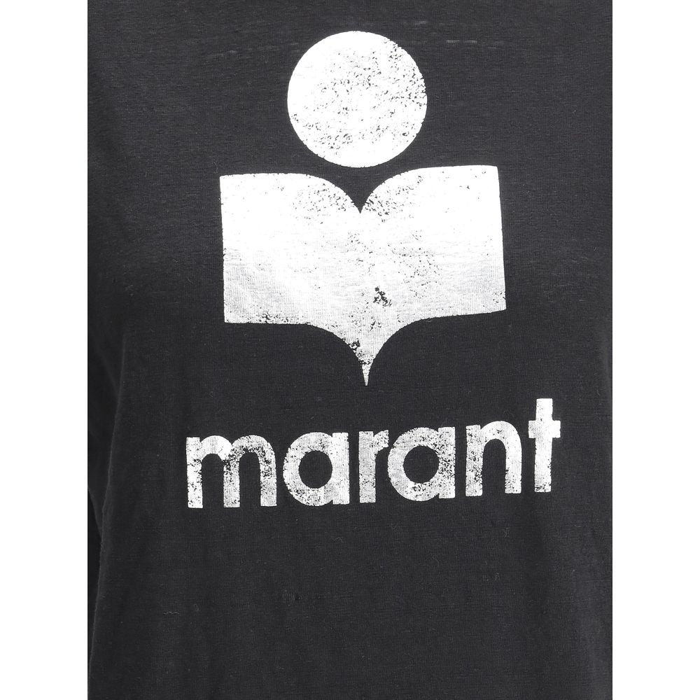 Marant Etoile Black Linen T-Shirt with iconic monogram on front, ribbed crew neck, lightweight and breathable for warmer days.