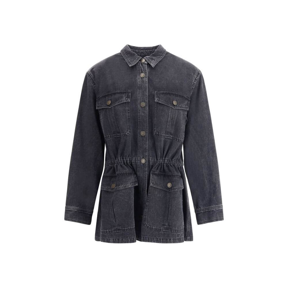 Marant Etoile Gray Cotton Denim Jacket with classic collar and four front patch pockets, featuring button closure and elasticated waistband.