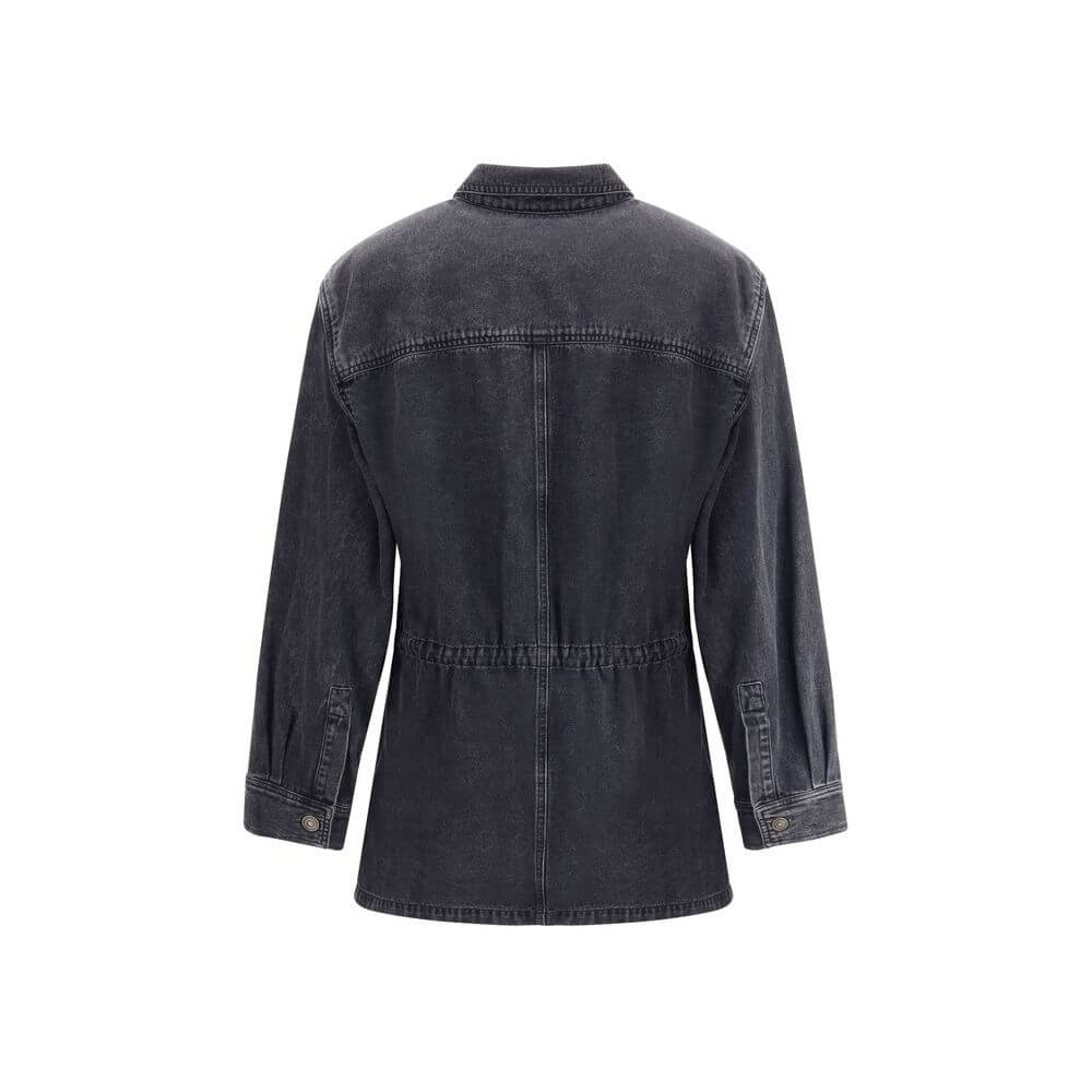 Back view of Marant Etoile Gray Cotton Denim Jacket with elasticated waistband and traditional collar.