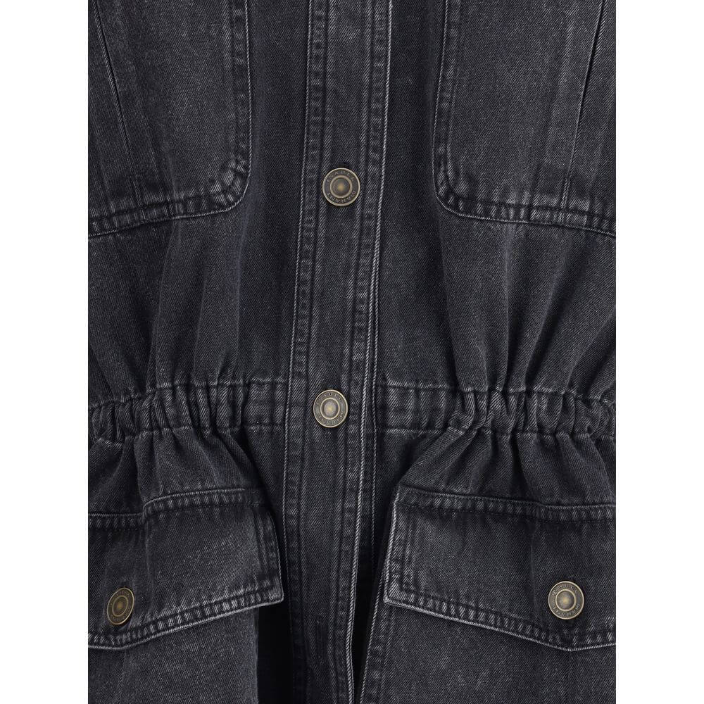 Detail view of Marant Etoile Gray Cotton Denim Jacket with buttons, elastic waistband, and front patch pockets, ideal for contemporary style.