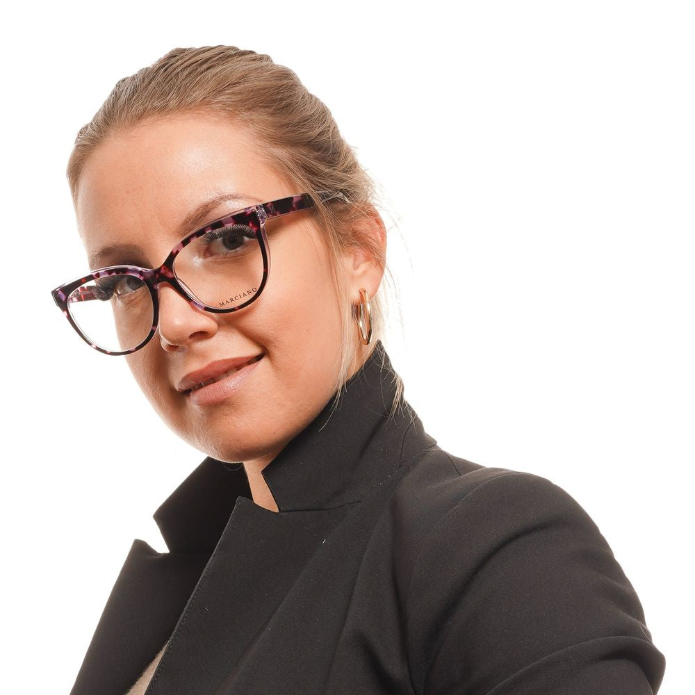 Woman wearing Marciano by Guess Purple Women Glasses Frame, cat eye style, purple acetate full-rim design.