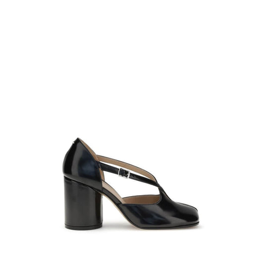 Margiela Black Calf Leather Bos Taurus High Heel Pumps with crisscrossed straps and iconic separated toe design.